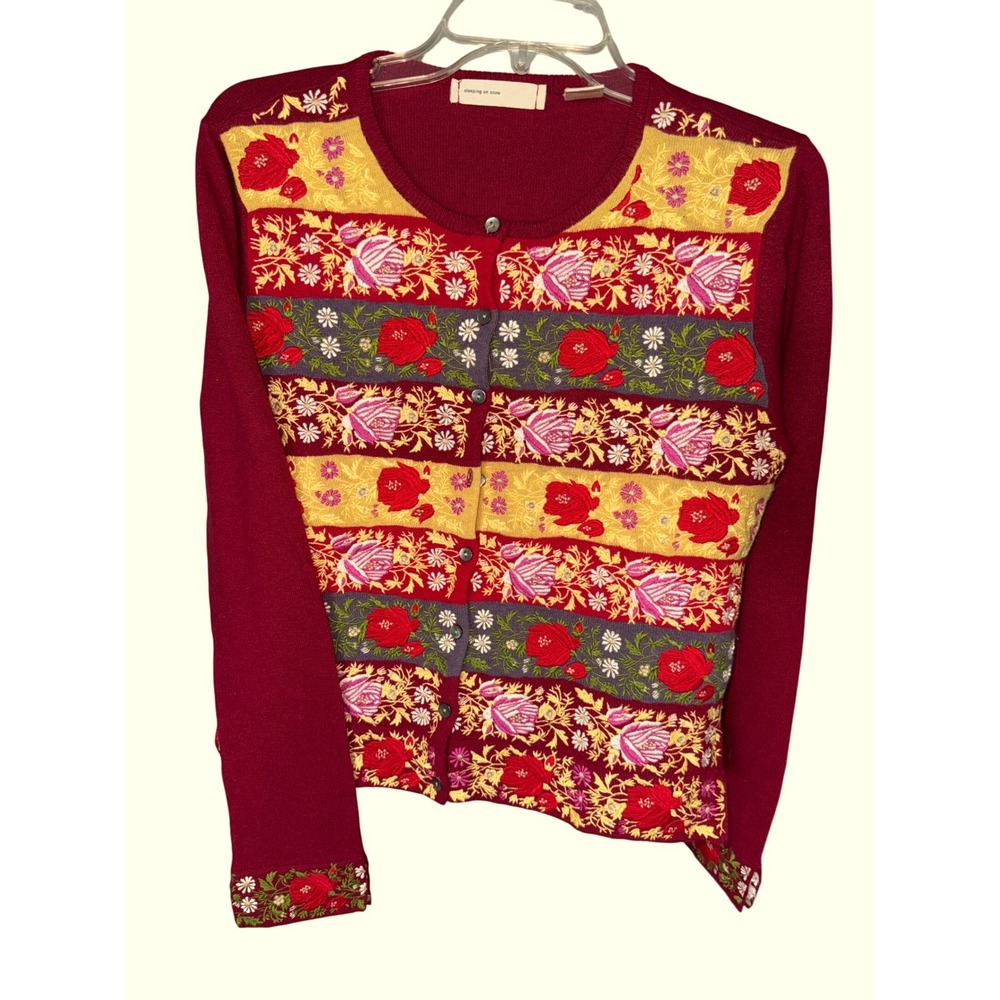 Womens Anthropologie Sleeping On Snow Wool Embroidered Button Up Sweater LG